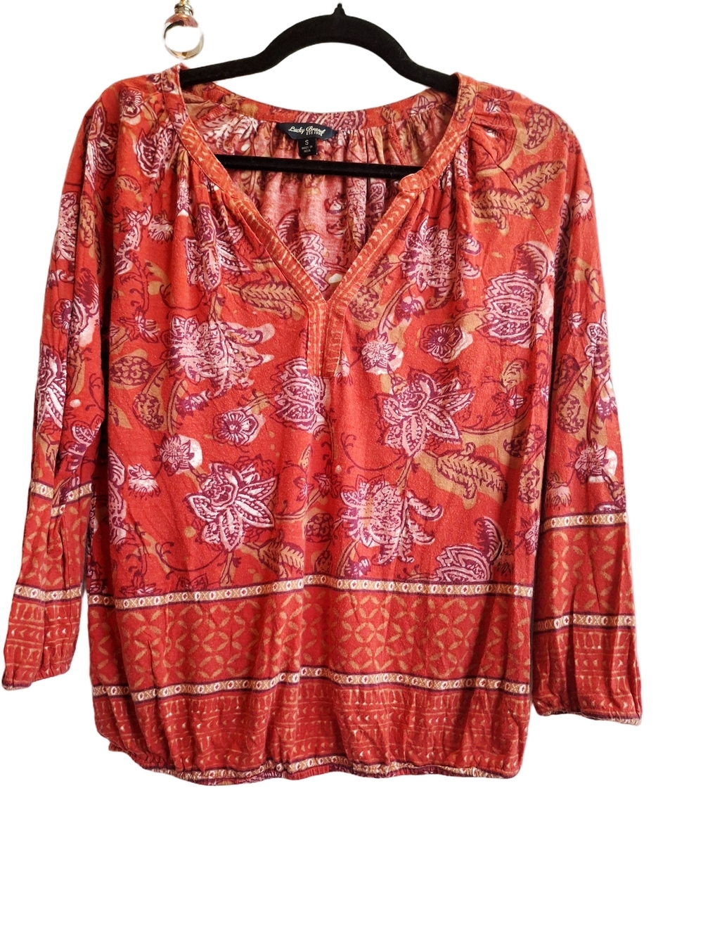 Lucky Brand Red Floral Peasant Blouse Banded Hem Bohemiam